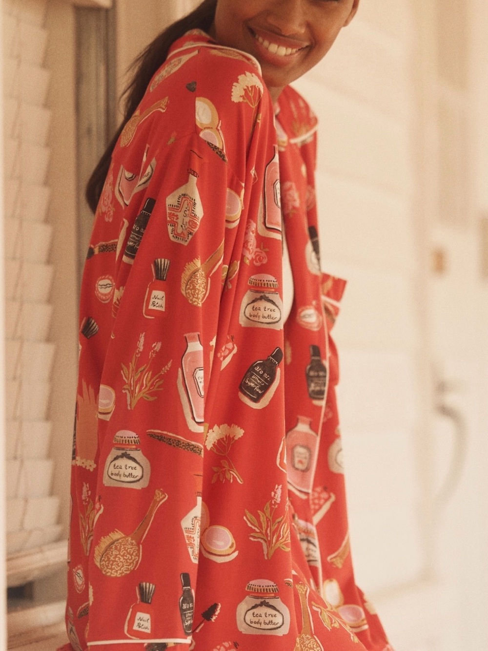Anthropologie Red Printed Pajama Top with Toile Apothecary Motif